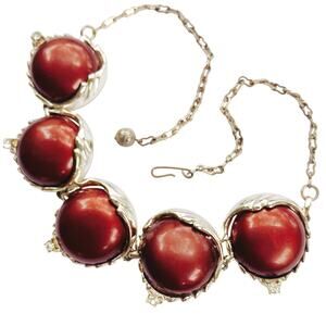 Vintage Mid Century Gold Tone Necklace Brown Cabochons Prong Set Rhinestones